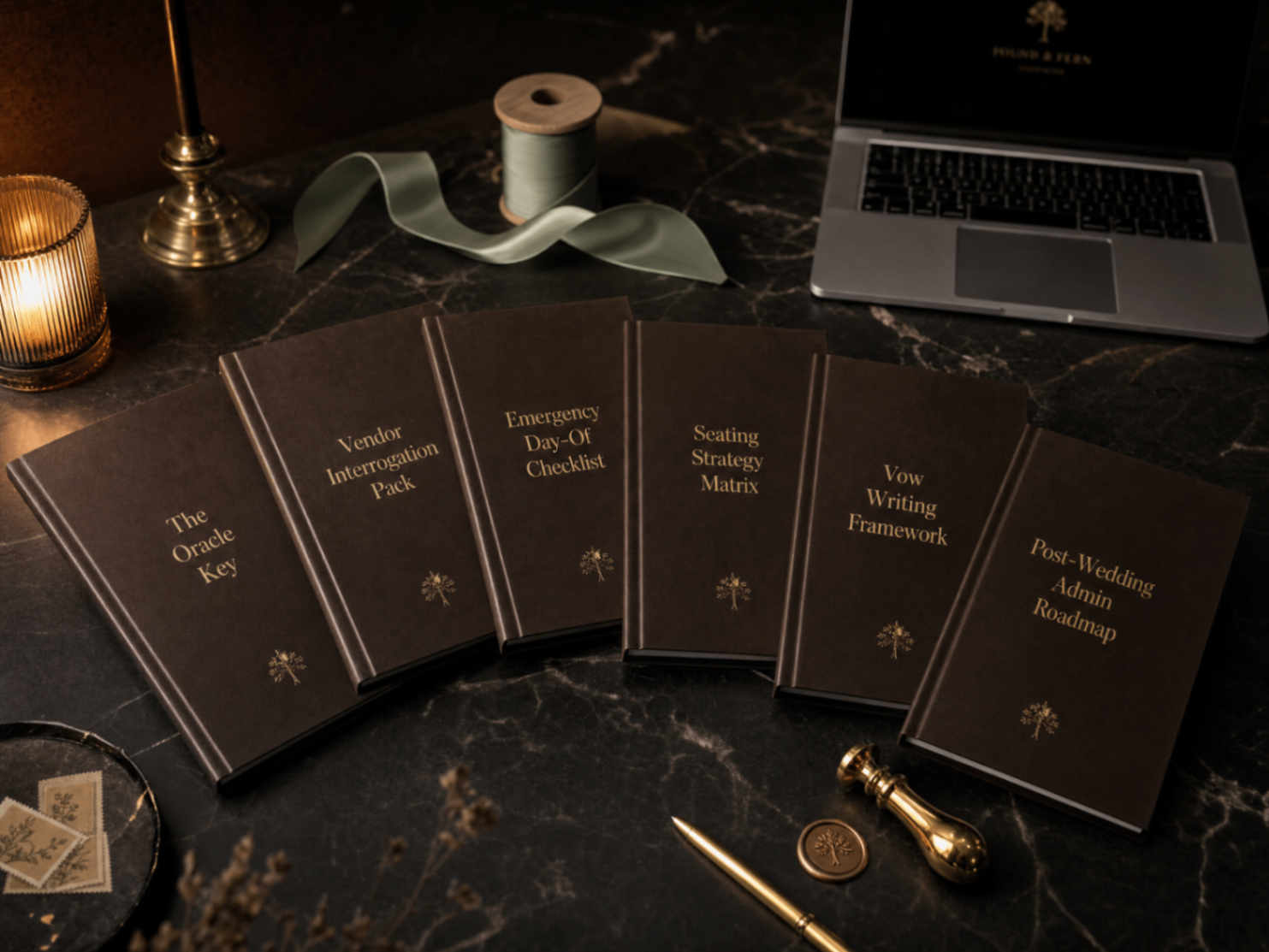 Six espresso Wedding Oracle companion guides arranged together with gold titles and muted seafoam ribbon.