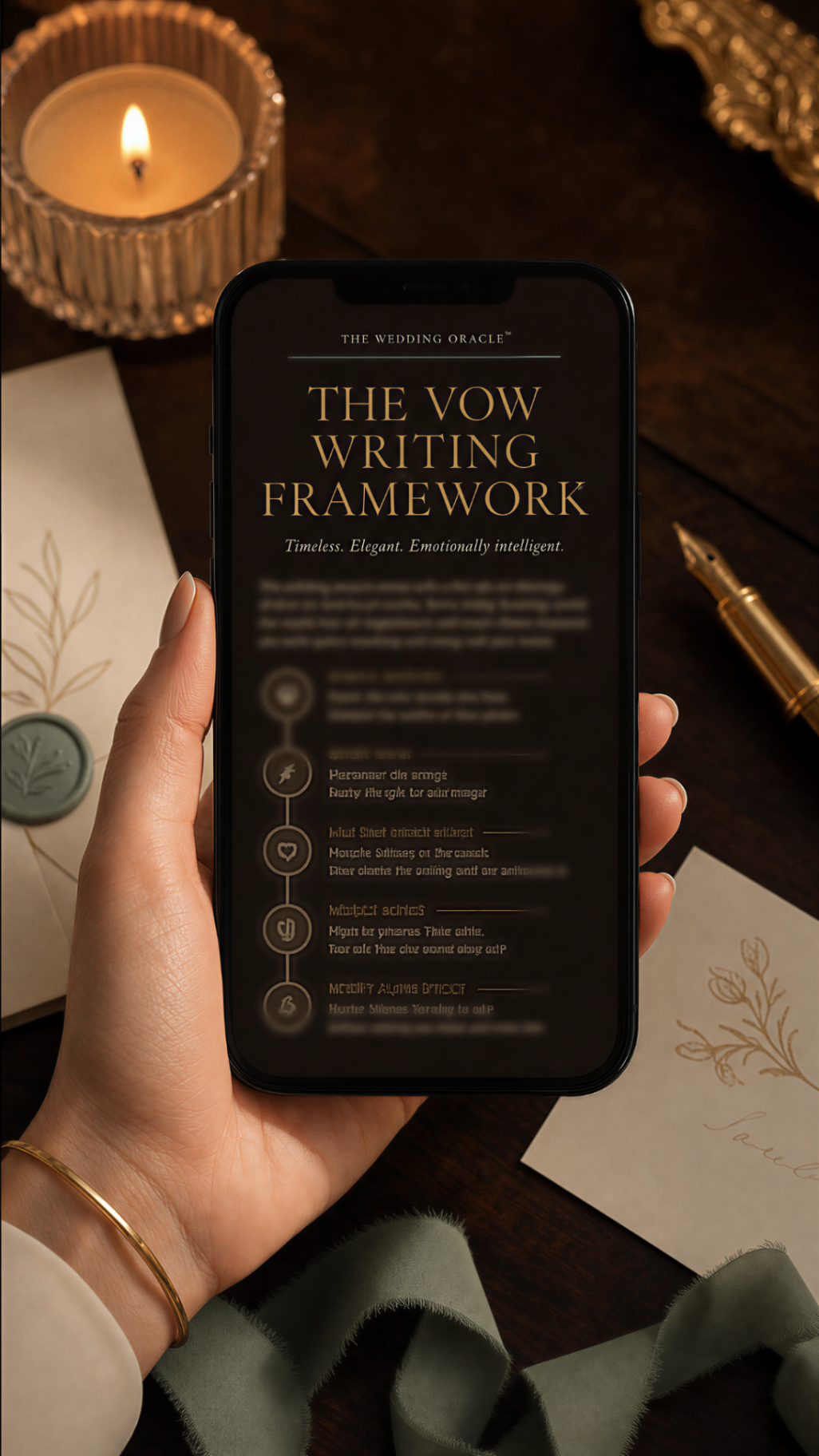 The Vow Writing Framework displayed on a phone held above an editorial wedding-planning desk.