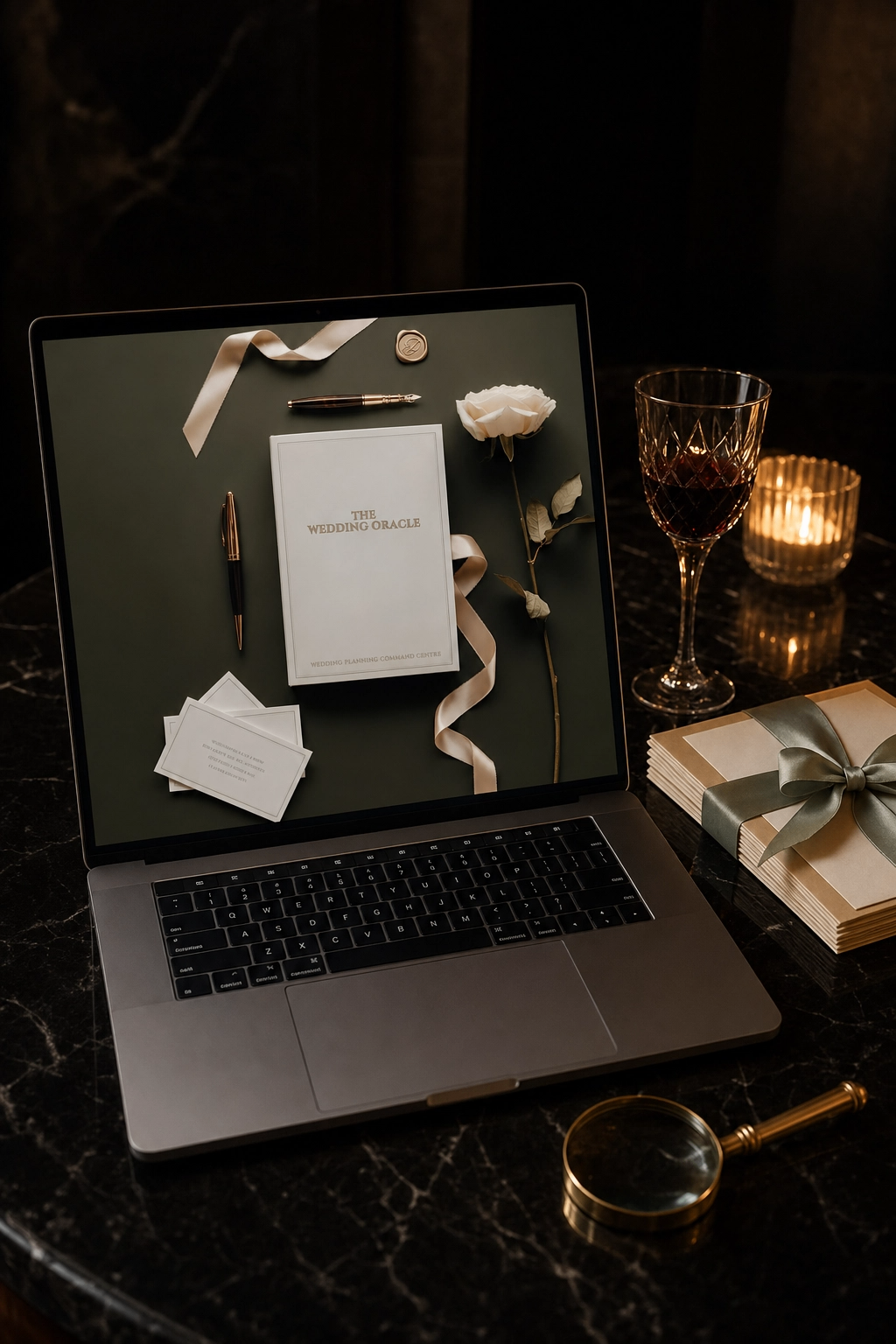The Wedding Oracle workbook cover displayed on a MacBook in an editorial planning scene.