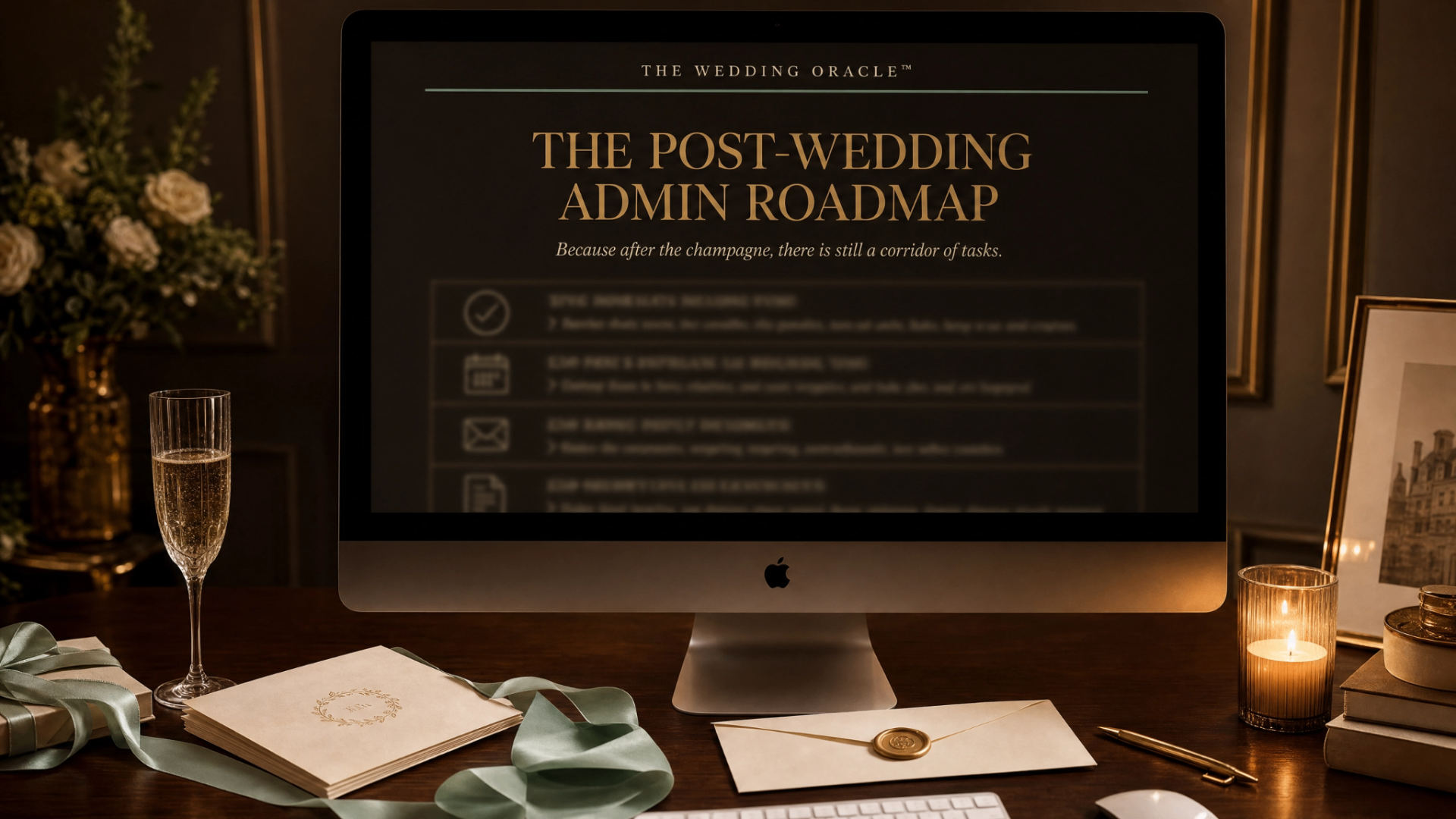 The Post-Wedding Admin Roadmap displayed on a desktop computer in a refined editorial setting.