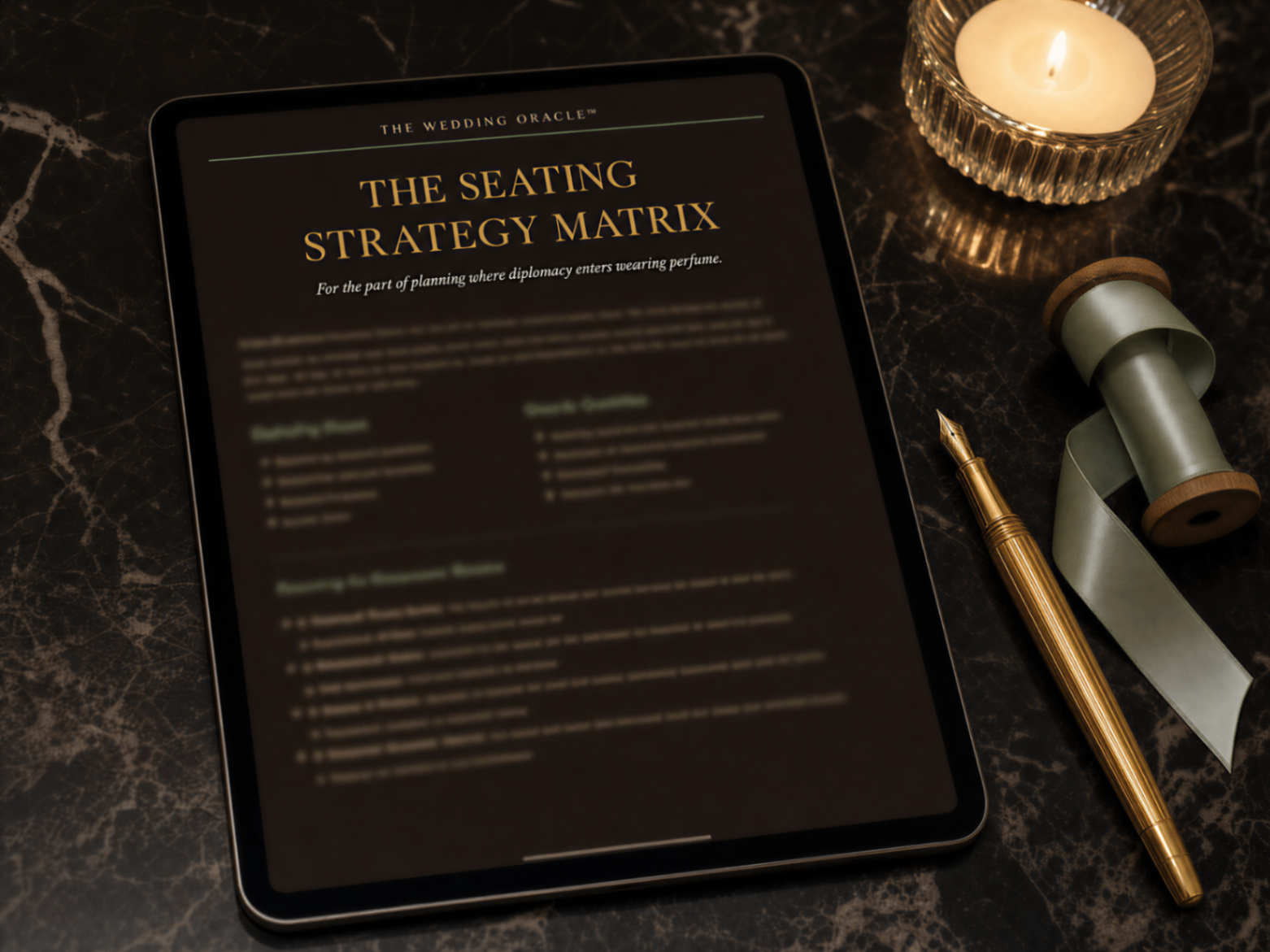 The Seating Strategy Matrix displayed on a tablet beside seafoam ribbon and a gold pen.